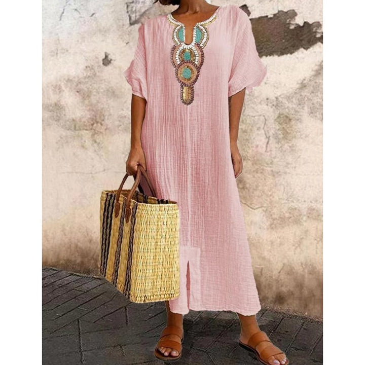 Robe Lisboa Fendue En Lin Brodée