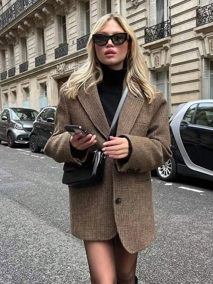 Mathilde | Blazer à Carreaux Marron à Simple Boutonnage